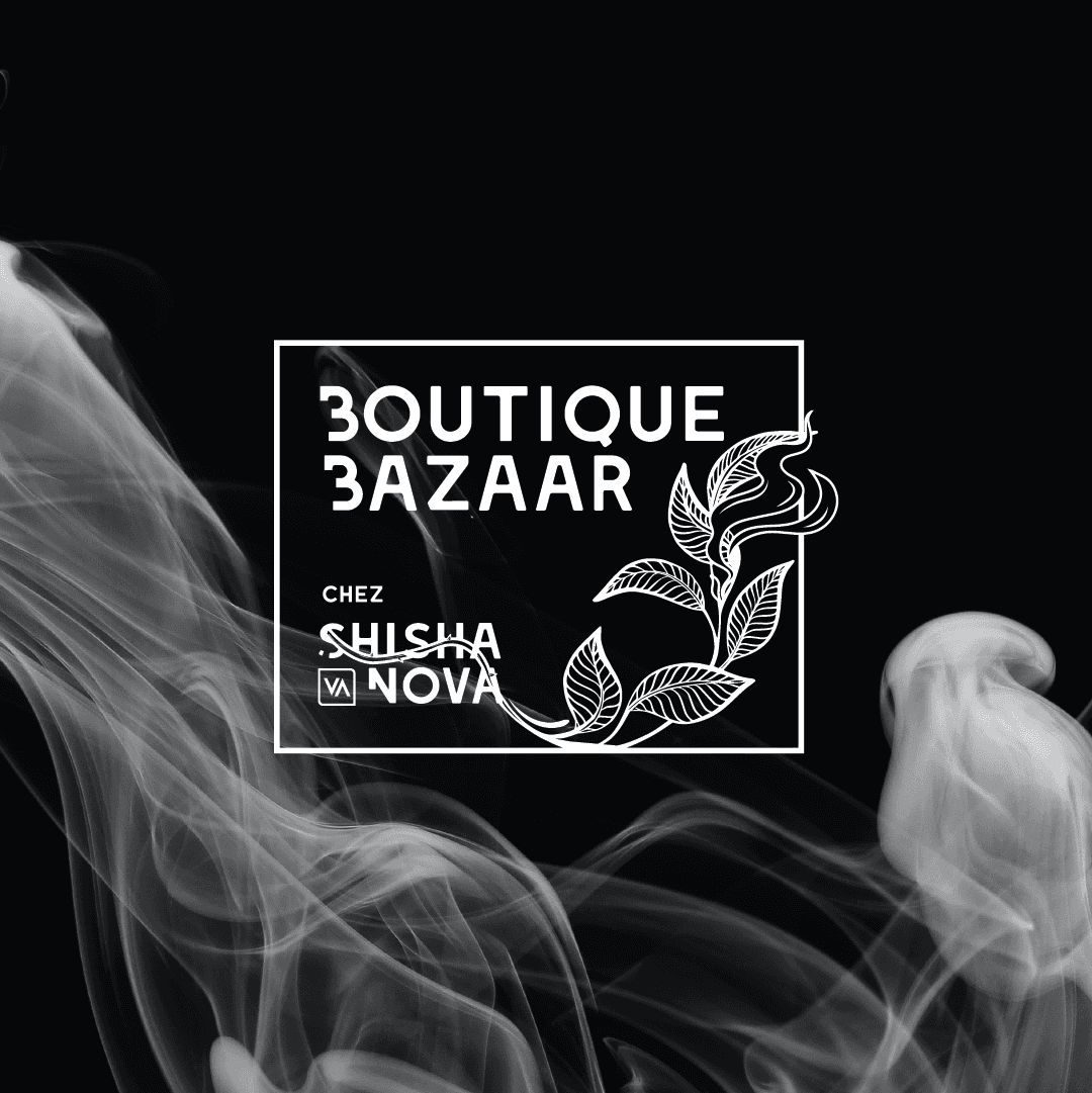 Boutique Bazaar chez Shisha Nova logo in white on black: bold uppercase wordmark inside a thin rectangular frame with a line-drawn botanical branch, set over drifting smoke.