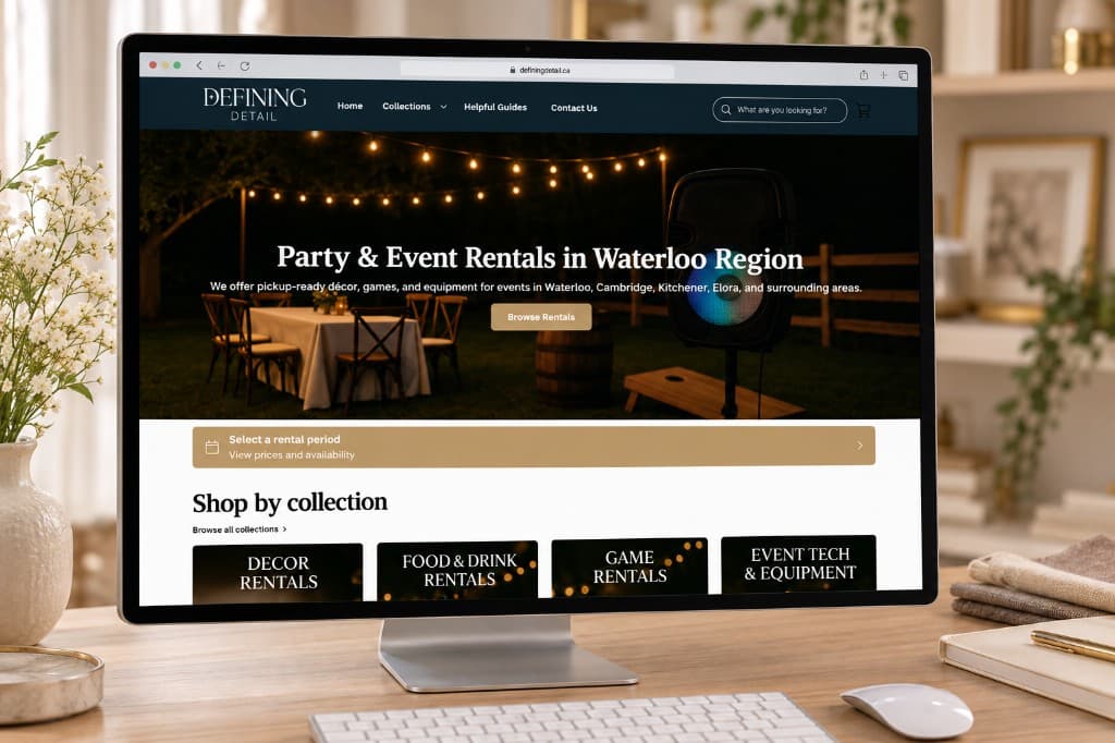 A desktop computer on a light desk showing the Defining Detail homepage: a dark hero with party lighting, a speaker, and outdoor event furniture, introducing party and event rentals.