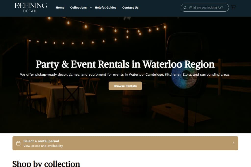 Defining Detail homepage: a dark hero with party lighting, a speaker, and a cornhole board, introducing party and event rentals in the Waterloo Region, with a rental-period bar below.