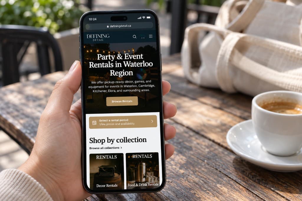 A phone held over a cafe table beside a coffee cup and tote bag, showing the Defining Detail homepage with a dark event-rental hero and a shop-by-collection section.