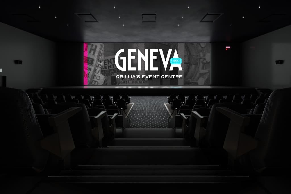 A dark cinema auditorium facing a wide screen that reads GENEVA, Orillia’s Event Centre, in white letters over a faint ticket texture.