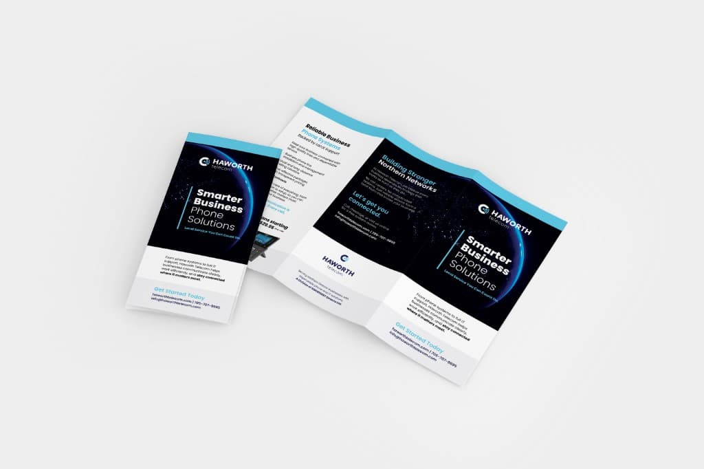 Haworth Telecom print mockup: a closed dark brochure with a light blue band, beside the same trifold opened on a white surface.