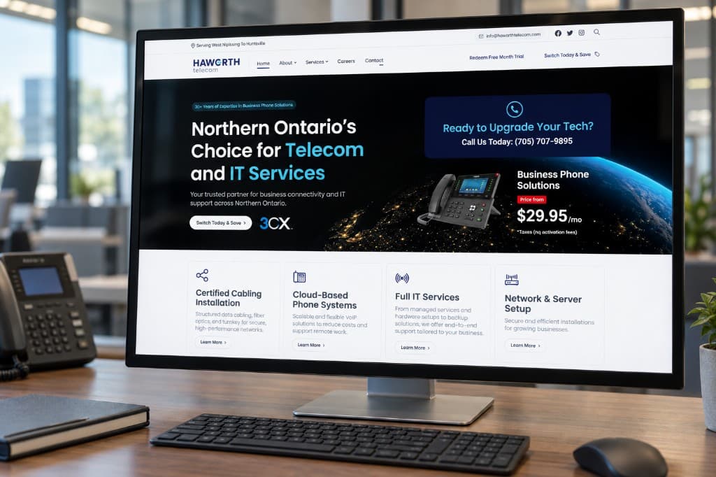 A desktop computer on an office desk showing the Haworth Telecom homepage: a dark hero with a desk phone and a row of service cards below.