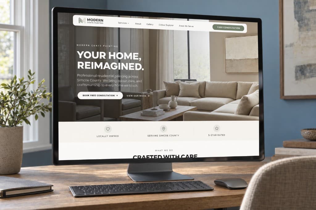 A desktop computer on a wood desk showing the Modern Coats Painting homepage: a living-room photograph, a short heading about the home, and consultation links.