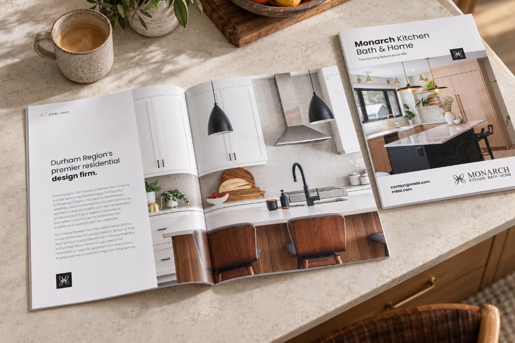 An open Monarch Kitchen, Bath & Home brochure on a pale stone counter beside the closed cover: a kitchen photograph across the spread, and a cover with a kitchen island and the wordmark.