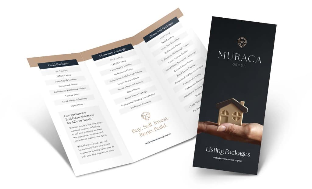 A Muraca Group listing-packages brochure: open inside panels for Gold, Platinum, and Diamond tiers beside a black cover with a hand holding a small house model.