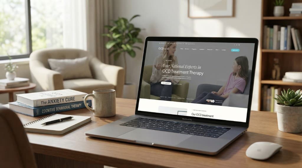A laptop on a wood desk showing the OCD North homepage: a photograph of a therapy session beside a heading about OCD treatment.