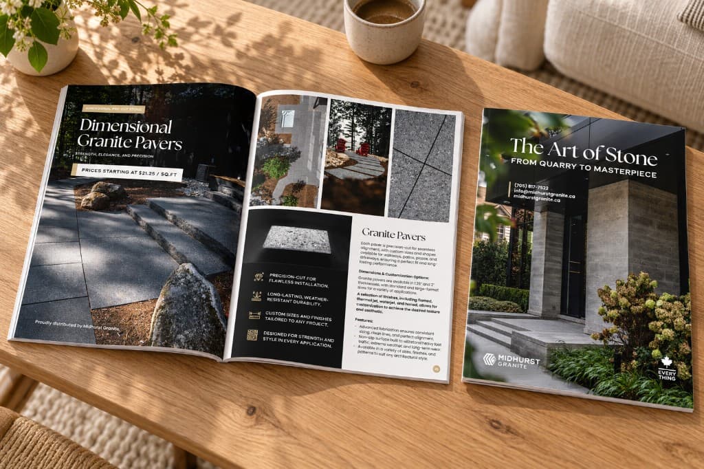 The Art of Stone catalogue on a wooden table: the cover, From Quarry to Masterpiece, beside an open spread of dimensional granite pavers.
