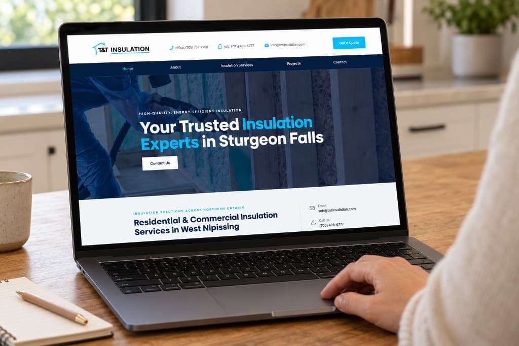 A laptop on a wood desk showing the T&T Insulation homepage: a spray-foam installer behind the headline Your Trusted Insulation Experts in Sturgeon Falls.