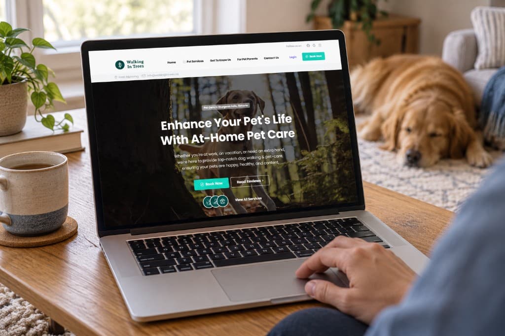 A laptop on a wood table showing the Walking in Trees homepage: a forest photograph of a dog, a heading about at-home pet care, and booking links.
