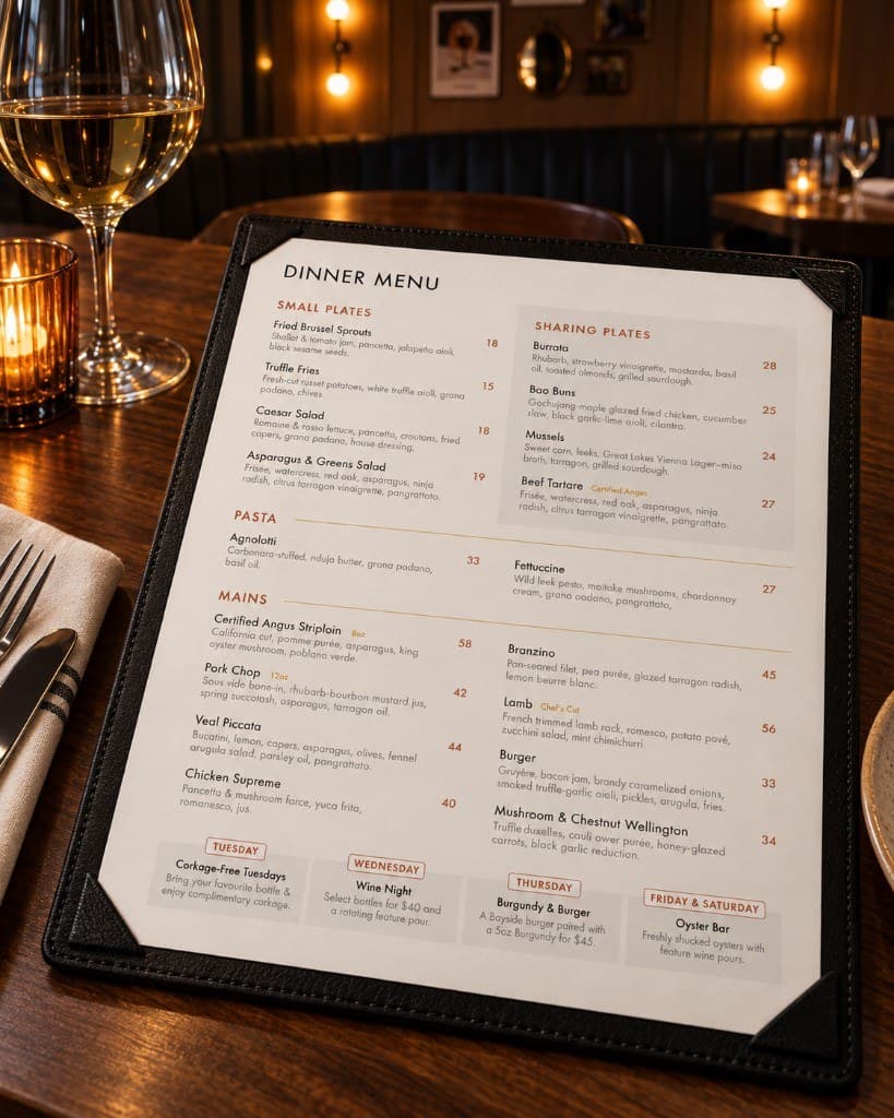 A Bayside Variety dinner menu in a black holder on a set table, with a wine glass and napkin beside it.