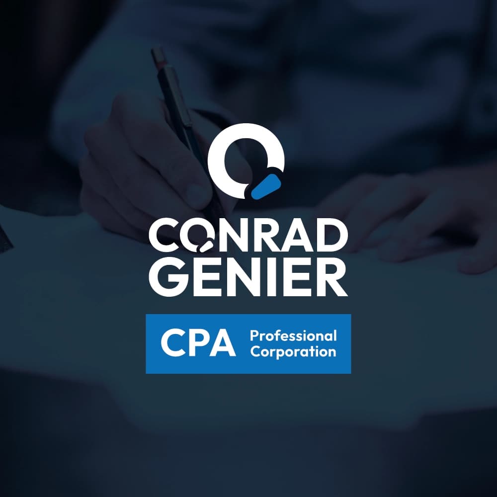 Stacked Conrad Genier CPA logo in white over a dark blue-tinted photograph of a hand signing a document: a circular C mark with a blue tail, the name in bold capitals, and a bright blue CPA Professional Corporation block.