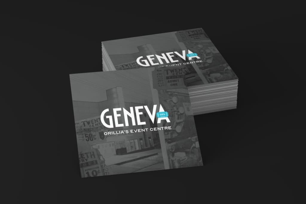 A stack of square Geneva cards on black: a greyscale ticket photograph, the GENEVA wordmark, Orillia’s Event Centre, and a small teal ticket mark.