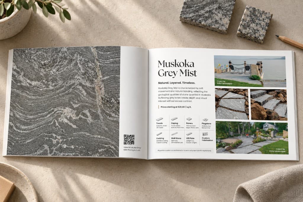 An open Granite Colour Book colour page: a full-bleed granite surface on the left, with application photographs and product diagrams on the right, and three granite samples on the table.