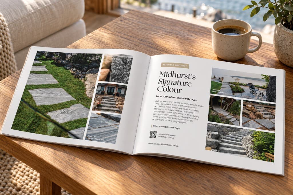 The Granite Colour Book open on a wood table beside a coffee cup, showing granite used on a walkway, steps, and a waterside patio.