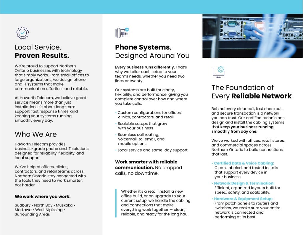The inside of a Haworth Telecom trifold brochure: three columns of service copy with a light blue bar along the top.