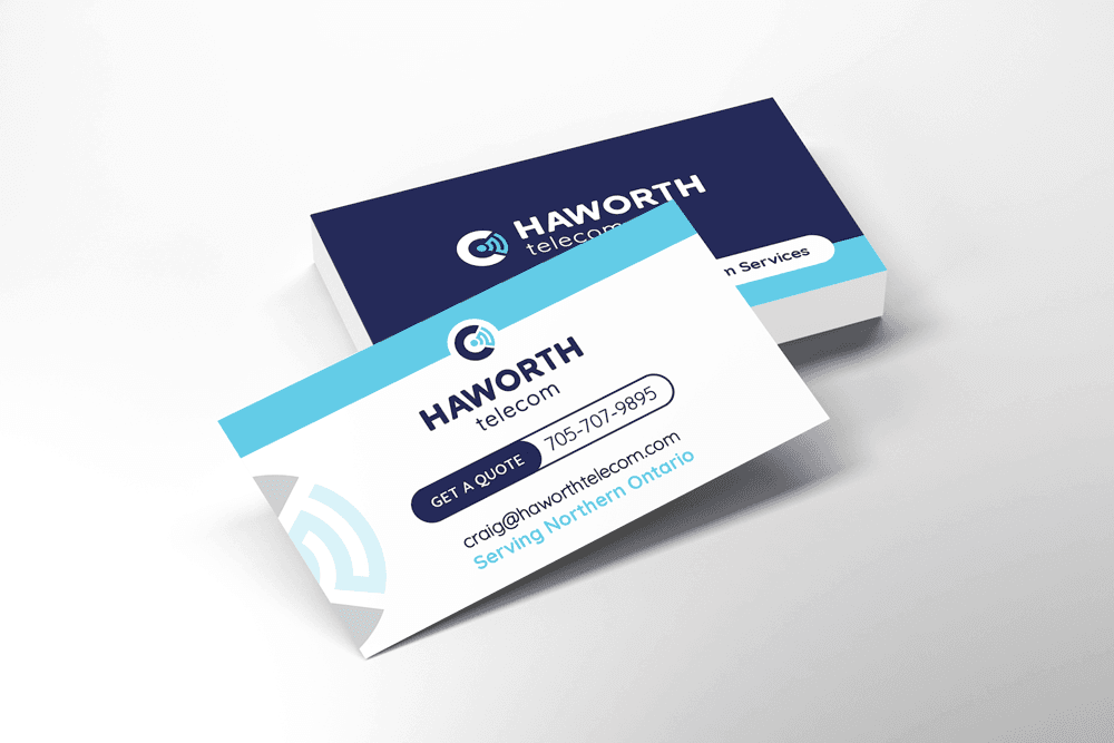 Haworth Telecom business cards: a white contact card in front of a navy card with a light blue edge.