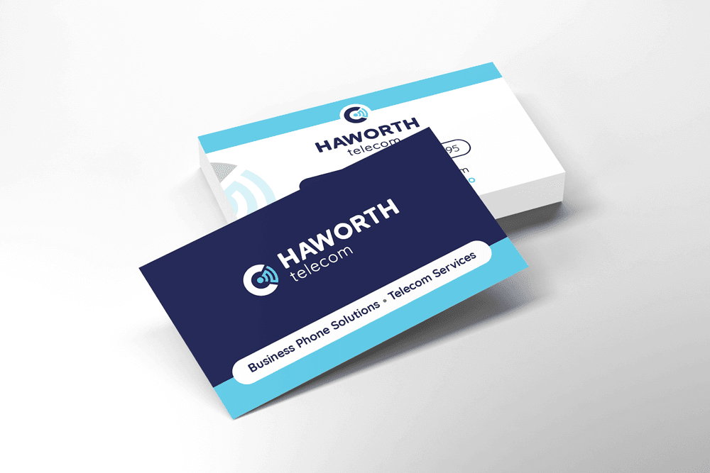 Haworth Telecom business cards: the navy logo side in front of the white contact side.