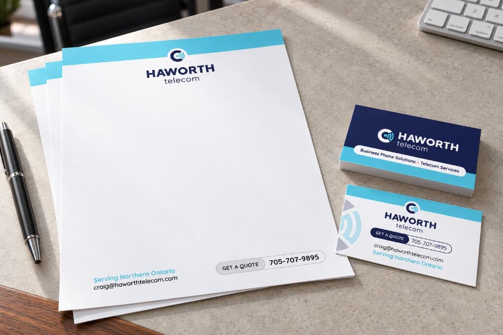 A desk mockup of Haworth Telecom stationery: letterhead with a light blue top bar and wordmark, a stack of navy cards with a light blue band, and a white contact card beside them.