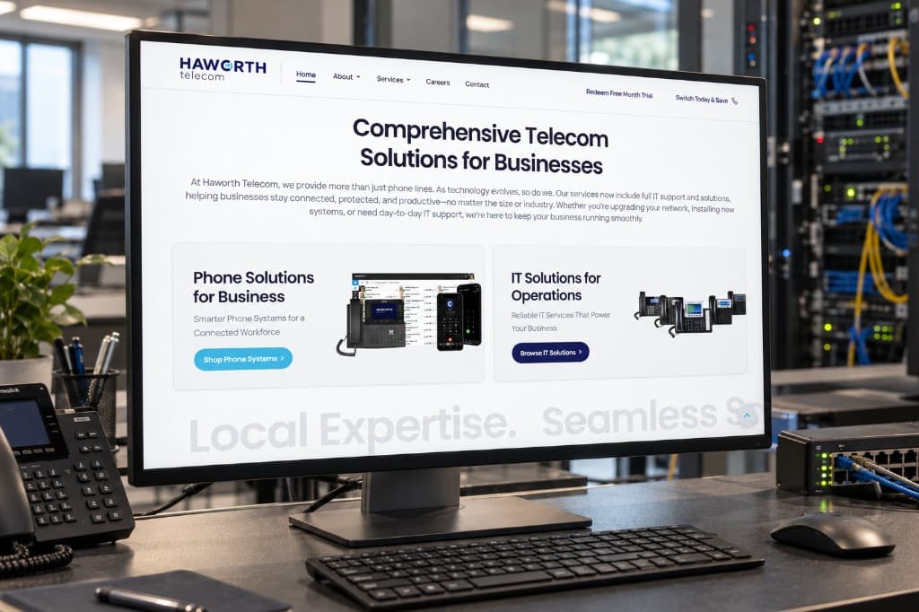 A desktop monitor on an office desk showing a Haworth Telecom homepage: a white page with the wordmark, navigation, a heading, and two service cards. A desk phone sits to the left.