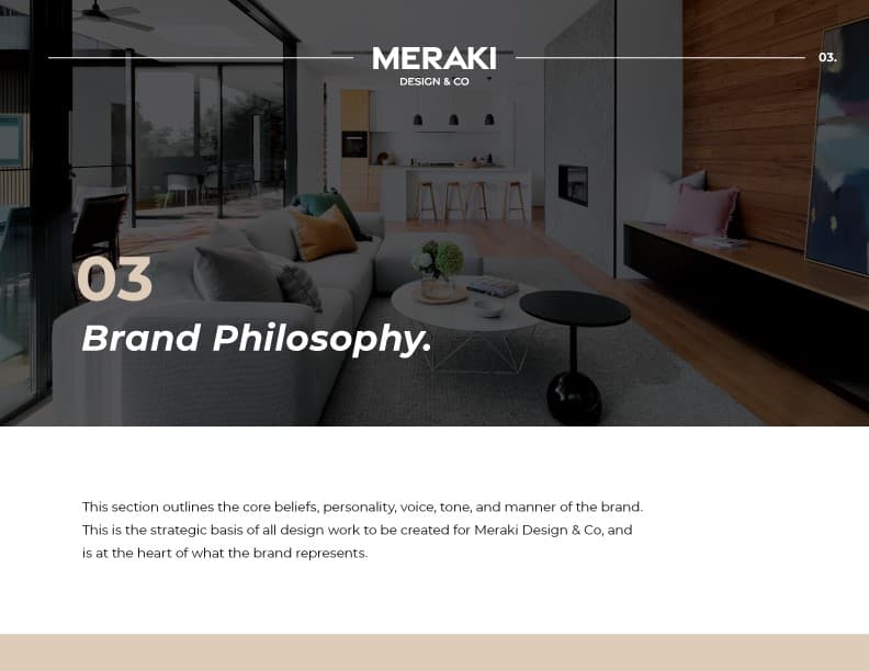 A Meraki Design Co. brand guidelines page: a photograph of a living room over a short introduction headed Brand Philosophy.