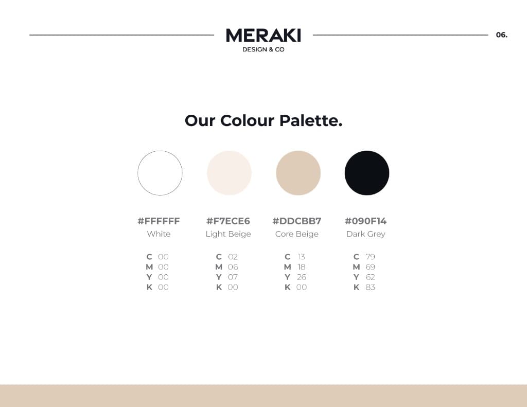 A Meraki Design Co. brand guidelines page showing four neutral colour swatches from white to near-black, with hex and CMYK values.