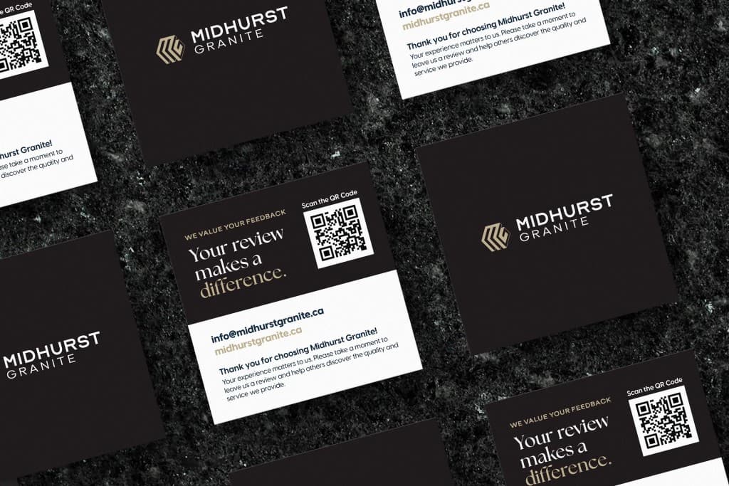 Black and white customer review cards scattered on dark granite: the front carries the Midhurst Granite logo, the back reads Your review makes a difference with a QR code and a thank-you message.