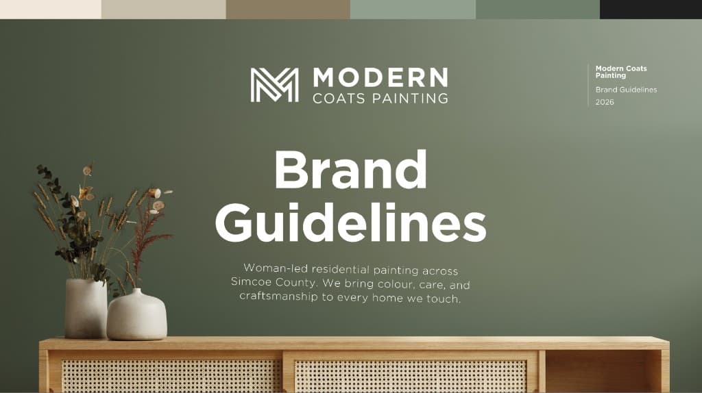 A brand-guidelines cover on sage green: the Modern Coats Painting wordmark, the words Brand Guidelines, and a wood cabinet with two ceramic vases.