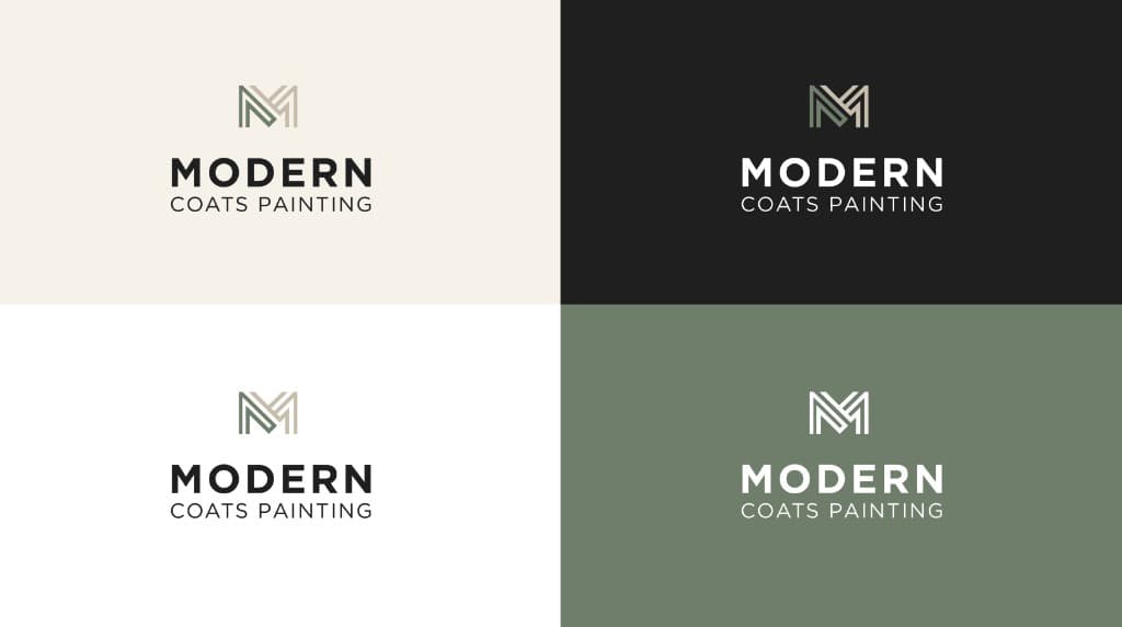 Four Modern Coats Painting lockups: stacked wordmark on cream, black, white, and sage grounds.