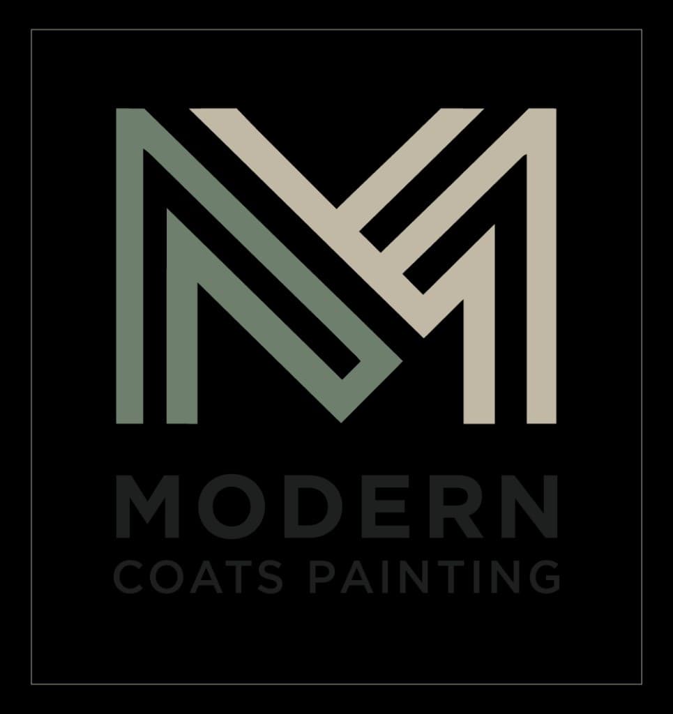 Modern Coats Painting badge: the two-colour M monogram above the wordmark on a black square.