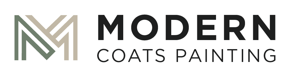 Modern Coats Painting horizontal logo: the two-colour M monogram beside MODERN in bold black letters and COATS PAINTING in lighter spaced capitals.