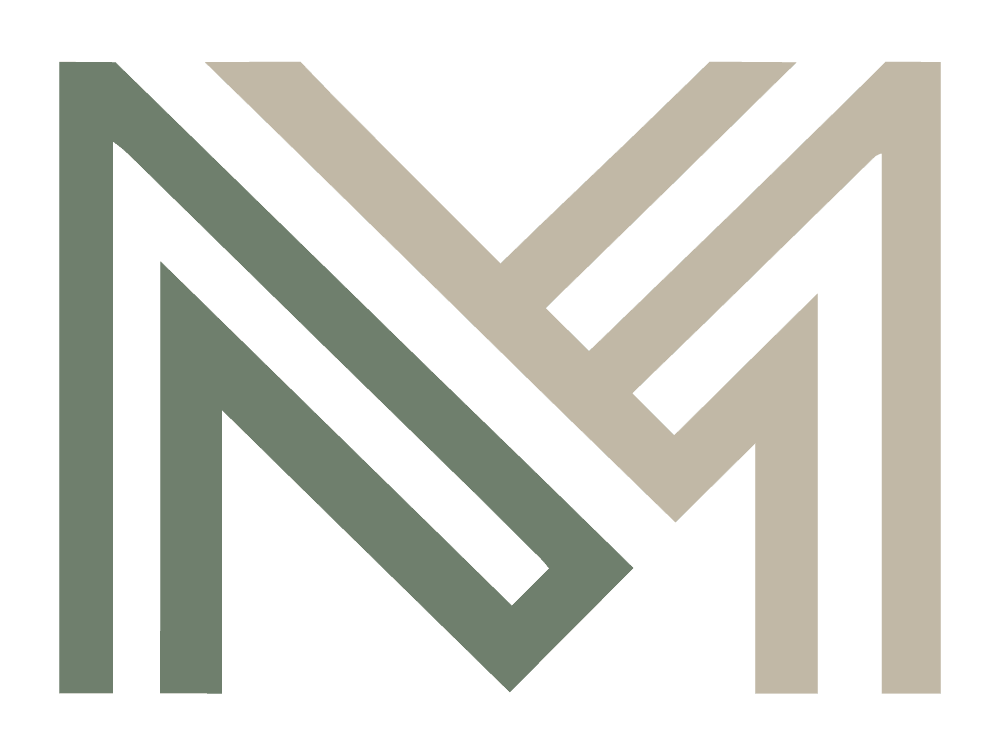 Modern Coats Painting monogram: a geometric M in sage green and warm taupe.
