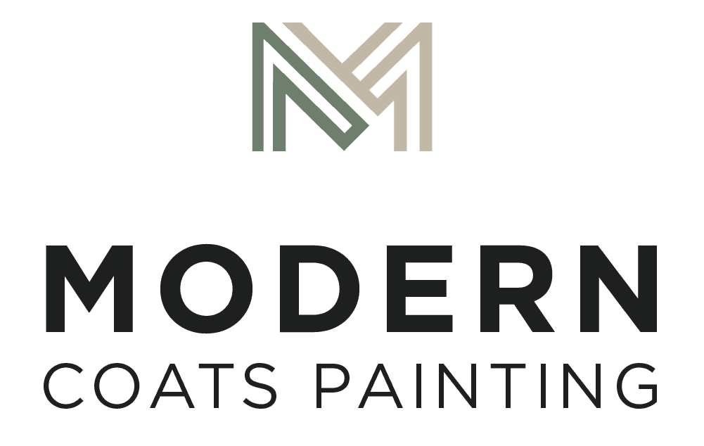 Modern Coats Painting stacked logo: an M monogram in sage green and warm taupe above MODERN in bold black letters and COATS PAINTING in lighter spaced capitals.