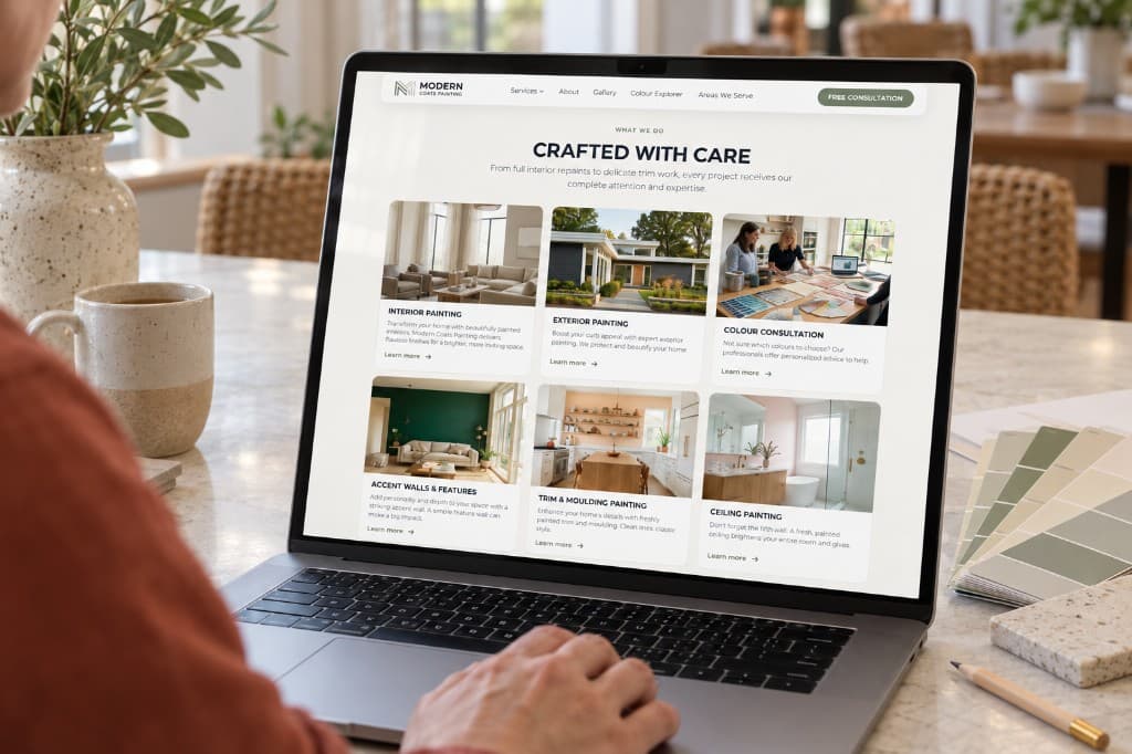 A laptop on a pale table showing a Modern Coats Painting services page: a heading and a grid of interior and exterior painting photographs.