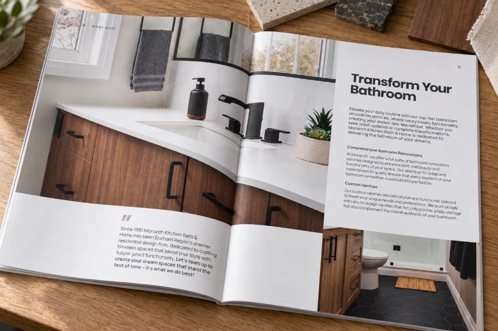 An open Monarch Kitchen, Bath & Home brochure on a wood table: a bathroom vanity photograph and a quote on the left, and a heading with a bathroom photograph on the right.