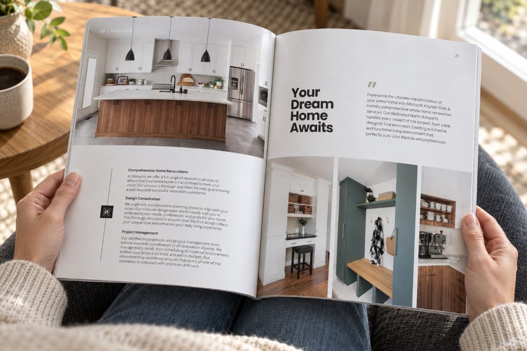 Hands holding an open Monarch Kitchen, Bath & Home brochure: a kitchen photograph and service columns on the left, and a heading with two interior photographs on the right.