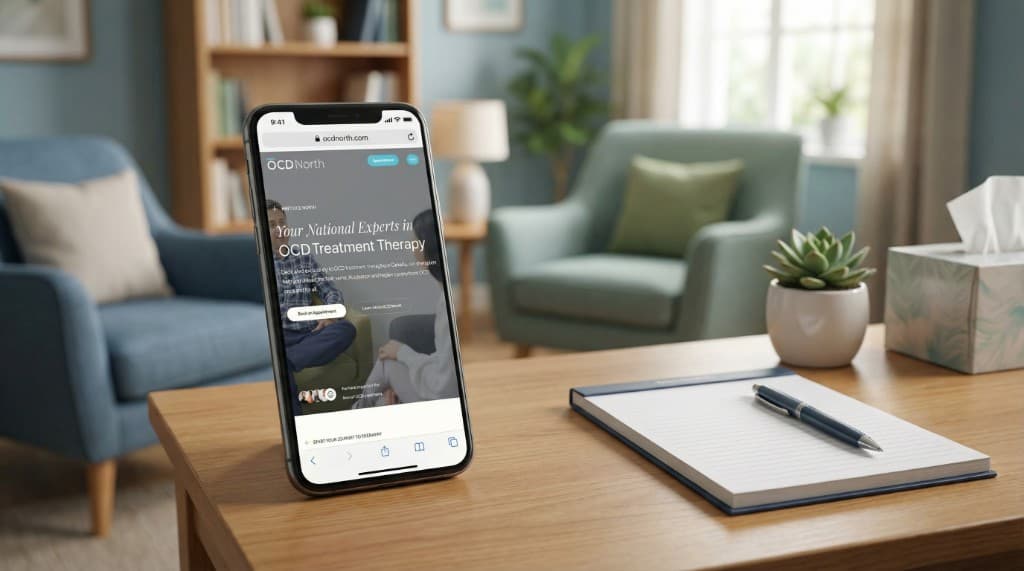 A phone standing on a coffee table in a waiting room, showing the OCD North homepage.