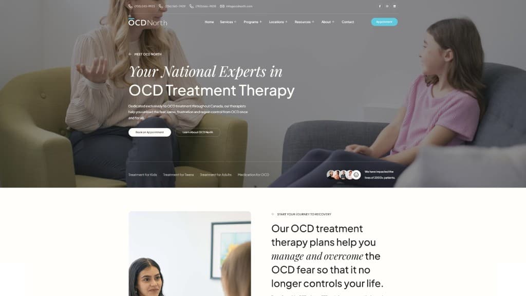 OCD North homepage: a photograph of a therapy session beside a heading about OCD treatment, with appointment links and a second section of supporting text.