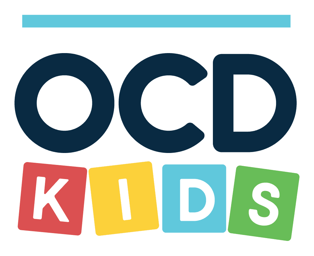 OCD Kids logo: OCD in dark navy above KIDS in white letters on red, yellow, light-blue, and green tiles, with a thin light-blue rule above.