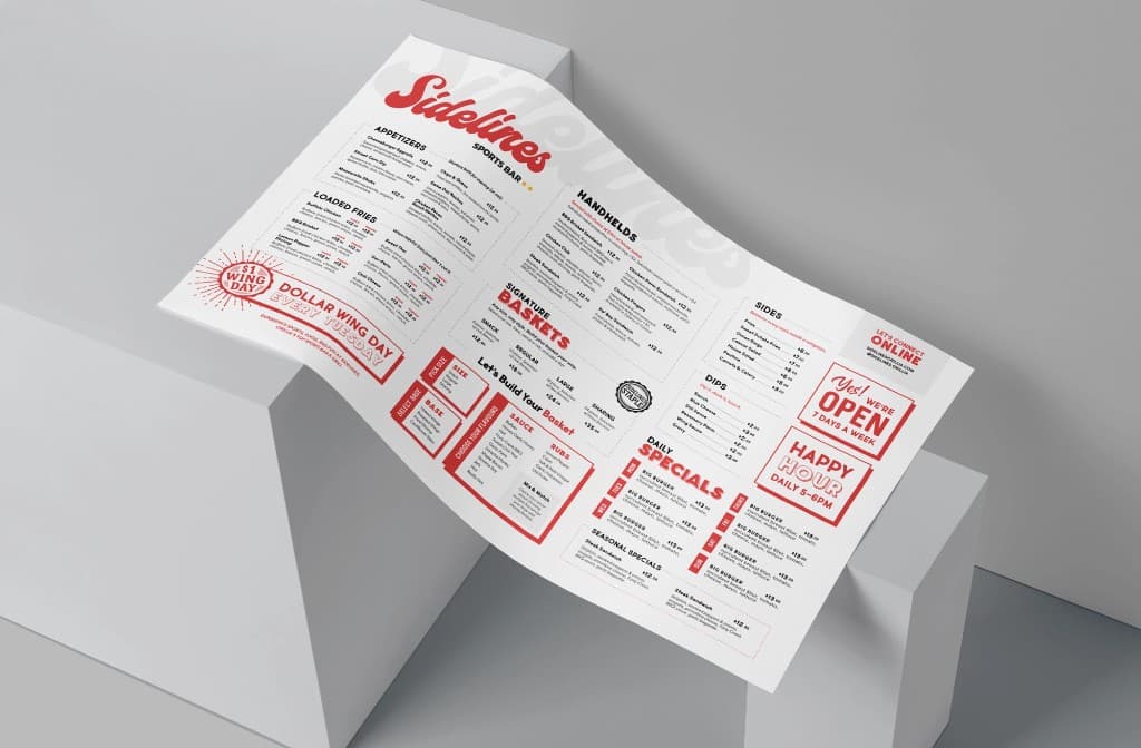 The food side of the Sidelines menu laid open: red script logo, sections for Appetizers, Loaded Fries, Handhelds, Signature Baskets, Sides, Dips, and Daily Specials, with a Dollar Wing Day badge and Happy Hour box.