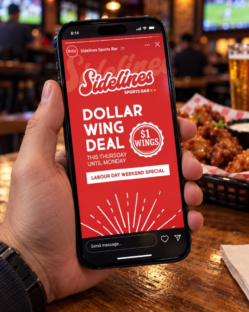 A phone held over a table of wings, showing a red Sidelines story for a dollar wing deal.