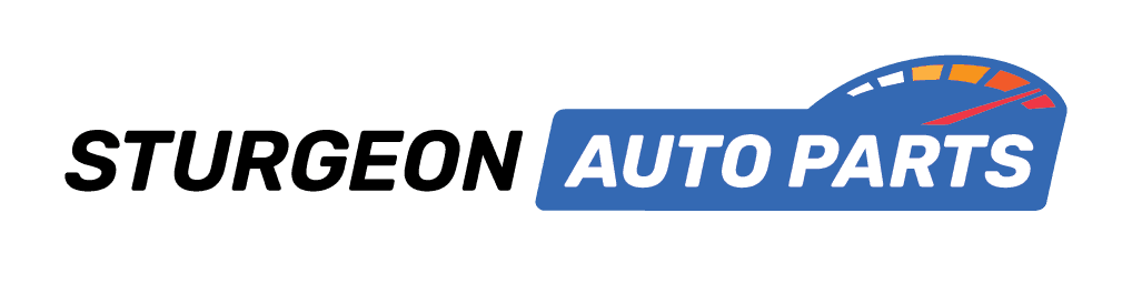 Sturgeon Auto Parts logo: black STURGEON beside AUTO PARTS in white on a blue angled panel topped by a speedometer arc with white, orange, and red segments and a red needle.