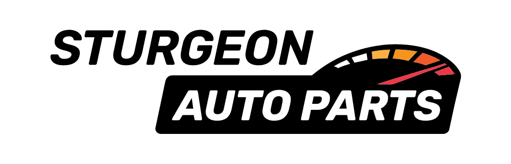 Stacked Sturgeon Auto Parts logo in black with the full-colour speedometer arc, STURGEON above AUTO PARTS.