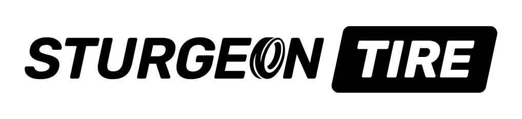 Sturgeon Tire logo in black: bold italic STURGEON with a tire replacing the O, followed by TIRE reversed out of a rounded black box.