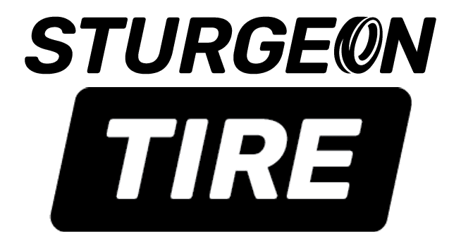 Stacked Sturgeon Tire logo in black: STURGEON with the tire-shaped O above TIRE reversed out of a rounded black box.