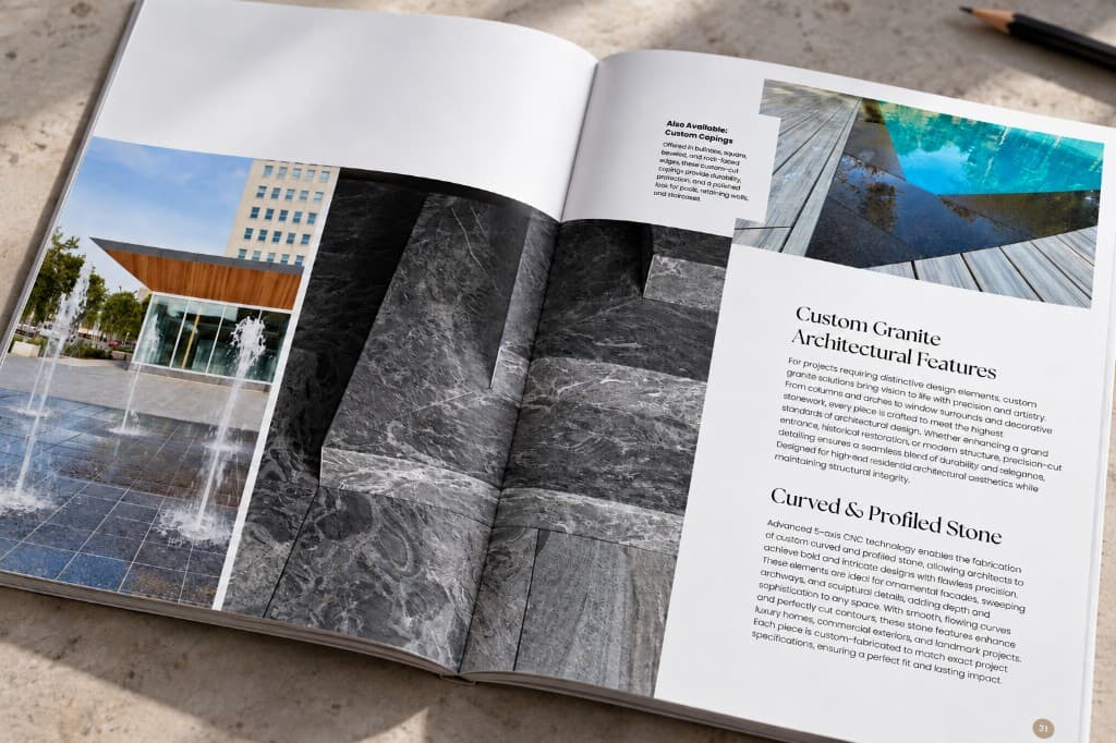 An open Art of Stone spread of custom granite architectural features: a fountain plaza, a close stone surface, a reflecting pool, and body copy on custom and profiled stone.