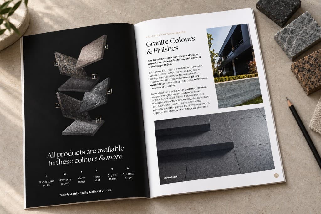 An open Art of Stone spread of granite colours and finishes: numbered stone samples on a black page, with application photographs and colour chips on the right.