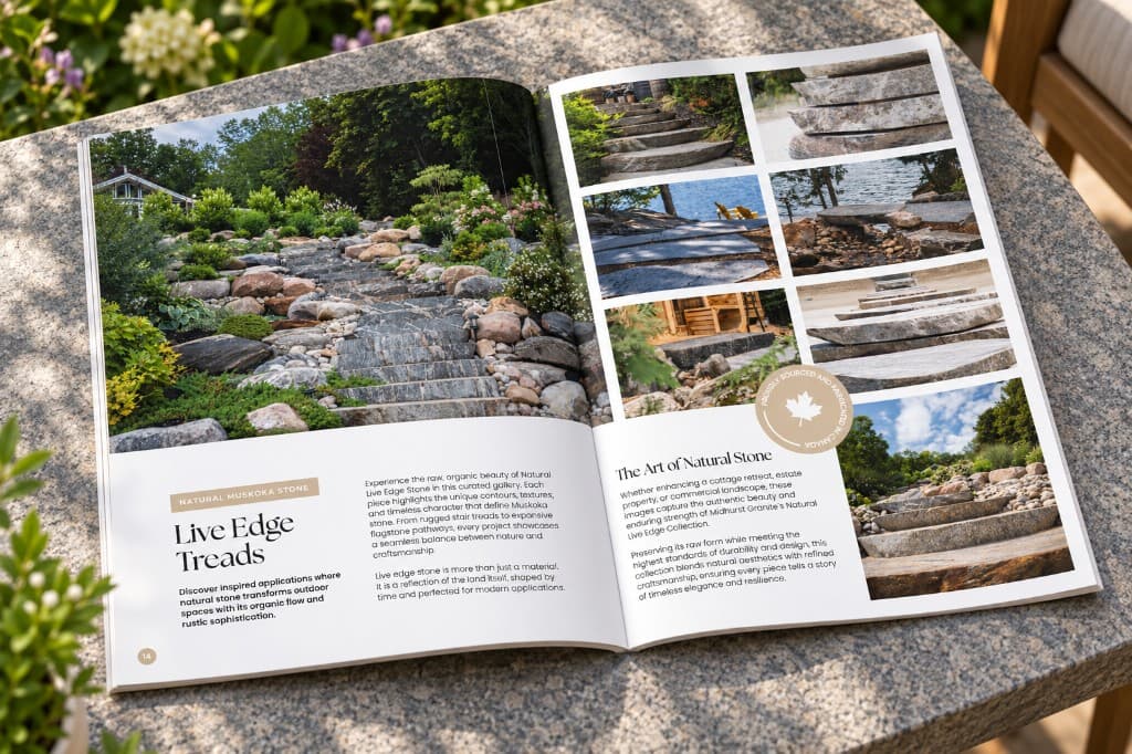 An open Art of Stone spread on a stone table: a garden stair of live-edge treads on the left, and a grid of tread and landscape photographs on the right.