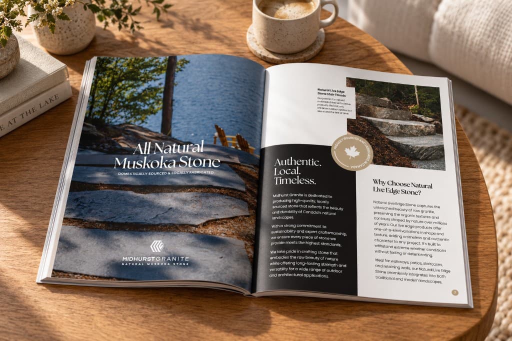 The Art of Stone open on a round wooden table to a natural Muskoka stone spread: a lakeside stone path on the left, and live-edge tread photography with body copy on the right.