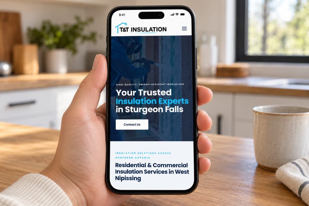 A phone held over a kitchen counter, showing the T&T Insulation homepage with a spray-foam installer and the headline Your Trusted Insulation Experts in Sturgeon Falls.
